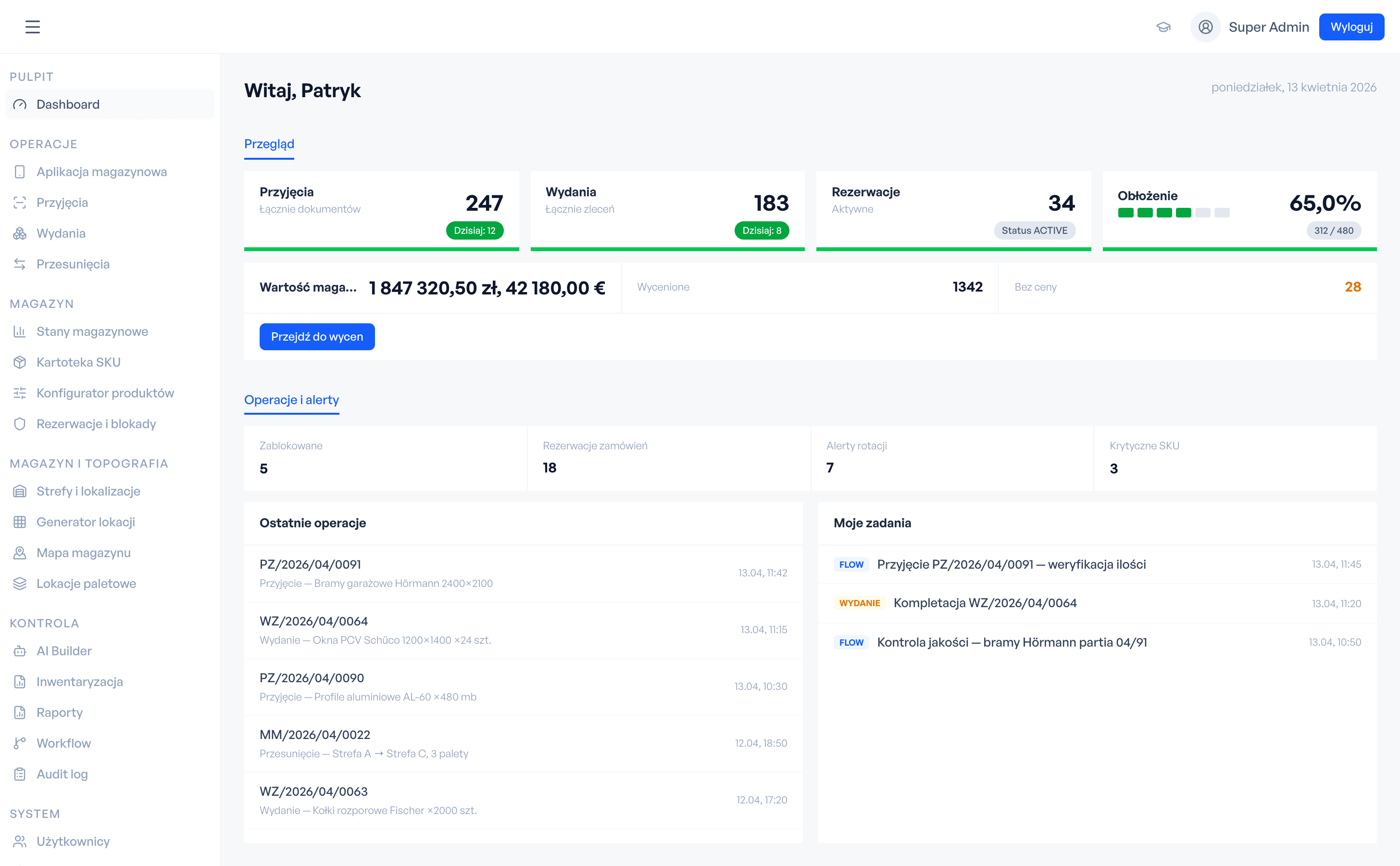 WMS - dashboard operacyjny z podsumowaniem przyjęć, wydań i alertów